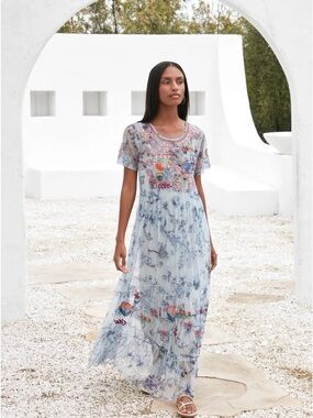 Johnny Was Logan Embroidered Mesh Tiered Maxi Dress Sz XS Boho Floral Fairy
